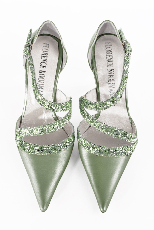 Mint green women's open side shoes, with snake-shaped straps. Pointed toe. High slim heel. Top view - Florence KOOIJMAN